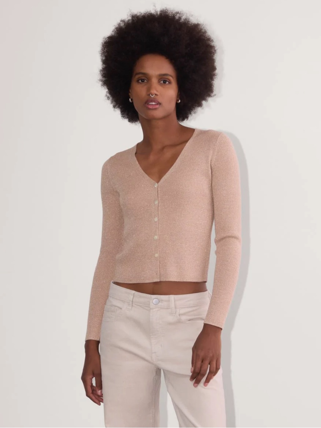Michael Stars Beige Tan Shiny Metallic V Neck Button Down Cardigan Size Small